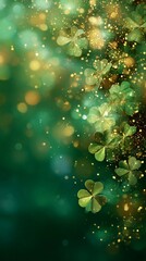 Glowing Shamrock Bokeh Background with Gold Sparkles for St. Patrick&rsquo;s Day