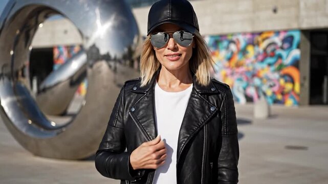 Stylish woman in leather jacket and cap posing outdoors with vibrant graffiti art in the background