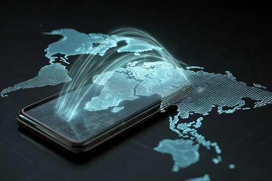 smartphone sending money across holographic world map, glowing transfer lines, mobile cross-border payment