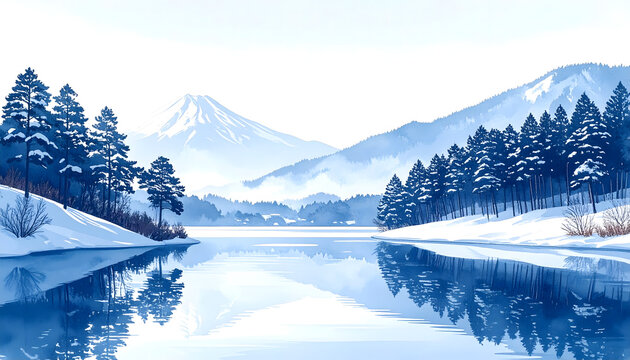 Winter landscape of Japan with snowy mountains and lake in watercolor style