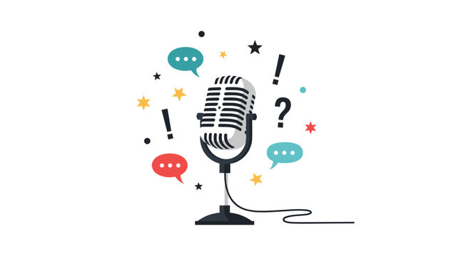 Retro studio microphone surrounded by colorful speech bubbles stars and punctuation marks for podcasting concept.