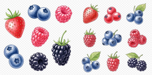 Collection of fresh and juicy berries including strawberries, blueberries, raspberries, and blackberries. © Akun