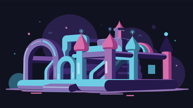 Vibrant bouncy castle in shades of blue and pink set against a dark night sky with glowing light effects and soft bubbles.