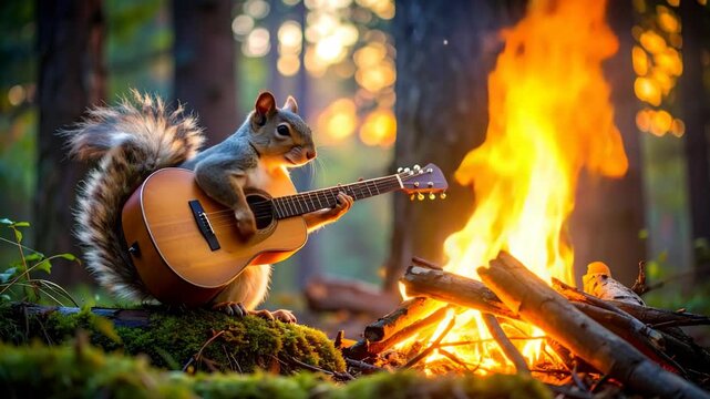 Cute squirrel playing guitar by a warm campfire in a forest
