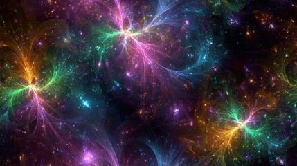 Obraz premium Abstract neon fractal wallpaper, glowing geometric light pattern, vibrant futuristic digital background with copy space