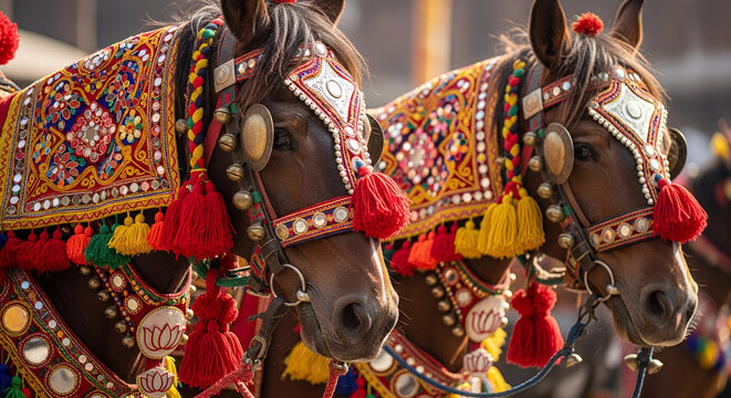 Ghode Jatra Horse Decorations Close Up of Ceremonial Horses with Colorful Fabrics
