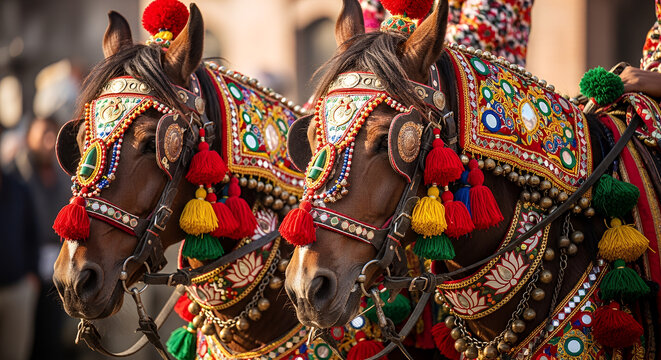 Ghode Jatra Horse Decorations Close Up of Ceremonial Horses with Colorful Fabrics