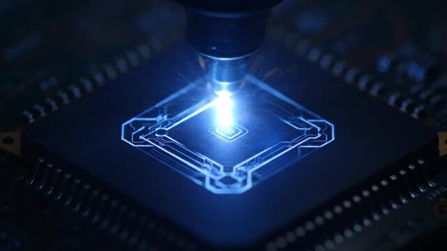 High-speed industrial machinery utilizes a brilliant blue laser to accurately etch complex microscopic circuitry onto a semiconductor wafer in a modern factory setting.