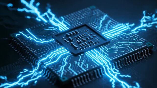 Intense blue electrical current flows across the complex microchip processor and circuit board, visualizing advanced computing, AI data transfer, and future technology in a dark, dramatic setting.