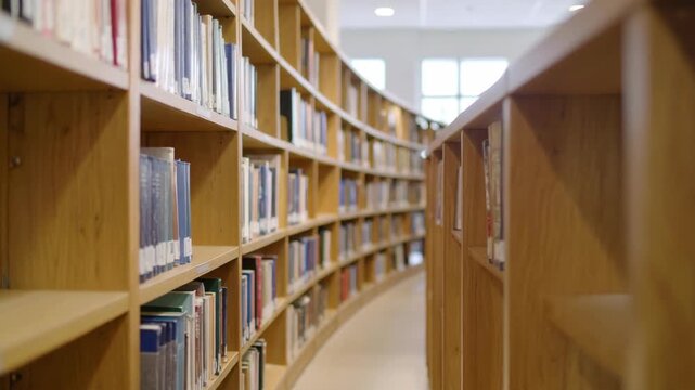 Curving library aisle filled with bookshelves and books in natural wood