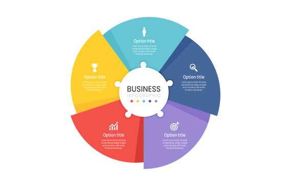 Infographic label design with circle jigsaw template design and 5 step options. flow chart presentations.