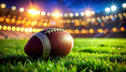 Classic black‑and‑white soccer ball rests on lush green field, stadium lights blazing, crowd blurred, capturing anticipation, energy, and excitement of a professional match atmosphere.