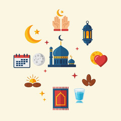 Fototapeta premium A collection of Islamic cultural and religious symbols arranged in a circular pattern on a light background.