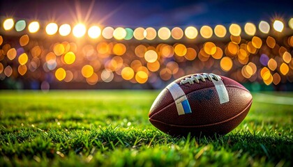 Classic American football rests on green grass under glowing stadium lights, blurred bokeh background radiates anticipation, energy, and drama of a high‑stakes game night.