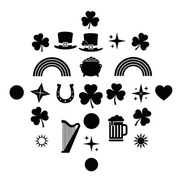 A collection of black and white St. Patrick's Day themed icons arranged in a symmetrical pattern.