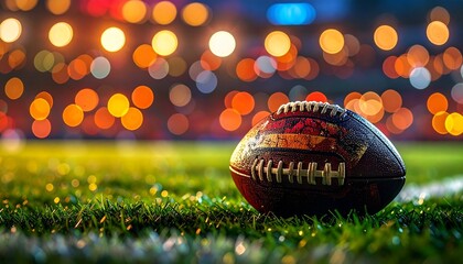 Classic American football rests on green grass under glowing stadium lights, blurred bokeh background radiates anticipation, energy, and drama of a high‑stakes game night.