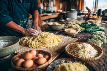 Traditional Asian kitchen preparing fresh noodles with ingredients on the table Generative AI