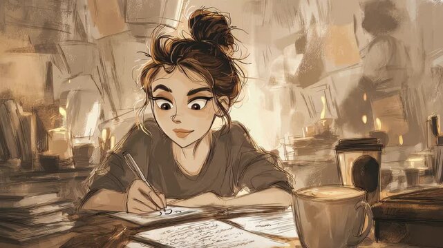 Young woman studies in a cozy room filled with books and candles while writing notes during late evening hours
