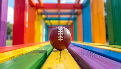 American football rests on colorful wooden walkway tunnel, beams painted red, yellow, green, and blue, leading lines creating depth, merging sports energy with artistic symmetry.