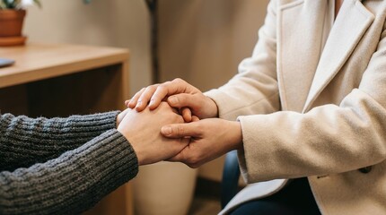 Fototapeta premium support empathy comfort counseling therapy compassion care showing a supportive gesture of holding hands in a professional clinic or home during mental health recovery session.