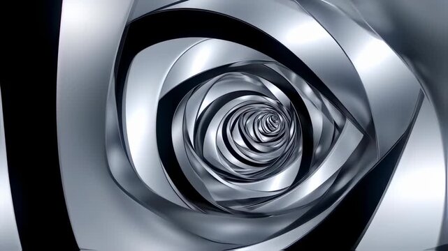 Abstract swirling tunnel of polished, reflective, metallic bands, receding into a central vortex of light