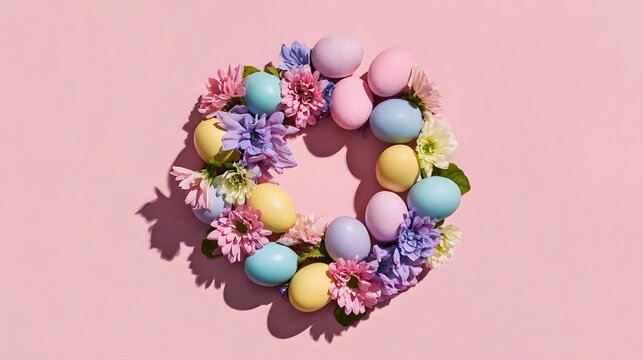 Festive Easter Wreath Adorned with Colorful Eggs and Spring Flowers.