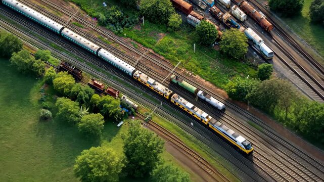 Aerial view of a train yard with multiple tracks, trains, and surrounding greenery