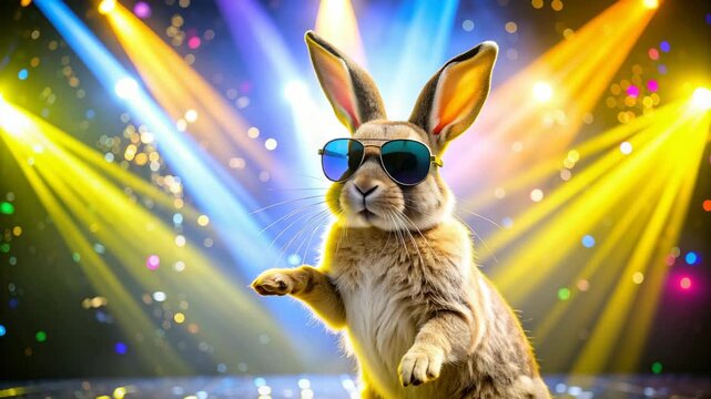 Cool rabbit wearing aviator sunglasses dances under bright stage lights and bokeh effects