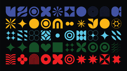 Obraz premium geometric and abstract shapes in blue yellow green and red hues against a black background high-quality