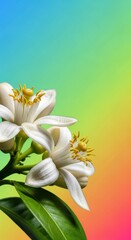 Obraz premium Delicate white grapefruit blossoms unfurl their petals on a vibrant green branch, signaling the arrival of spring and fresh citrus fruit, grapefruit, fruit, macro