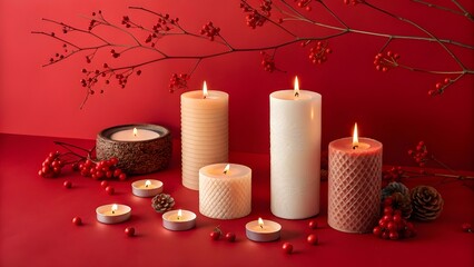Christmas decoration with candles on red background.