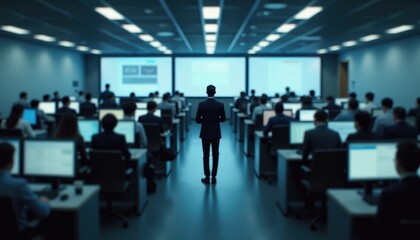Fototapeta premium Man in Suit and Hat Addresses Audience in Modern Auditorium With Rows of Computers and Large Screens Displaying Data