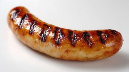 A single grilled sausage with distinct grill marks on a white background.