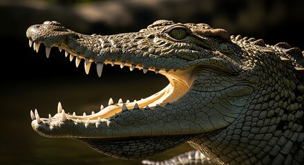 Fototapeta premium Close-up of a crocodile with mouth open displaying sharp teeth and powerful jaws. Dangerous reptile predator in natural habitat.