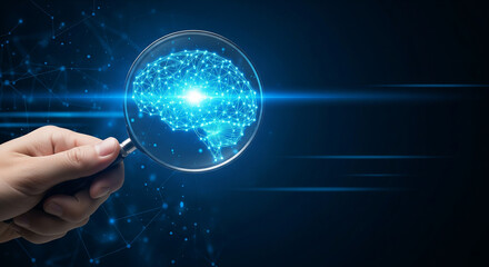 Obraz premium A magnifying glass focusing on a glowing digital brain, perfect for psychology research and artificial intelligence plans