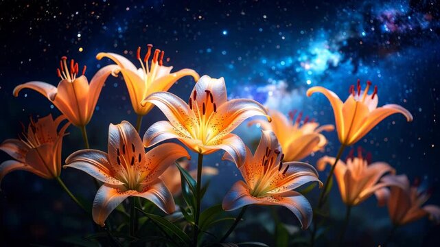 Orange lilies bloom against a vibrant starry night sky with nebula effects