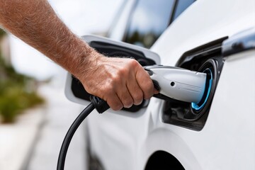Naklejka premium Electric vehicle charging at home with power cable connection, sustainable mobility concept. Adult hands plugging EV charger into modern car at residential charging station