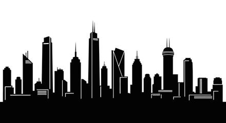 Obraz premium Abstract Black Silhouette City Skyline with Tall Skyscrapers and Urban Buildings on an Isolated White Background
