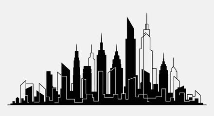Obraz premium Modern City Skyline Silhouette with Skyscrapers and Unique Buildings on a Light Grey Background