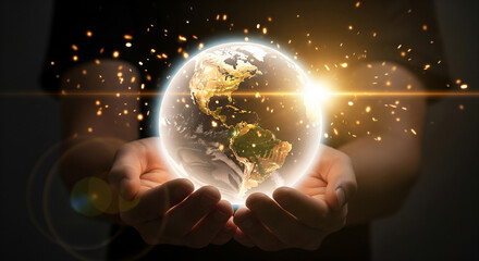 Obraz premium A businessman holding a glowing digital globe with particles, perfect for global network concepts and international plans