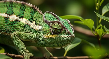 Obraz premium Green chameleon resting on leaf with natural background. Detailed reptile photography highlighting textured skin and camouflage ability.