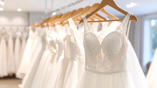 Row of elegant white bridal gowns hanging on wooden hangers in a well-lit boutique.