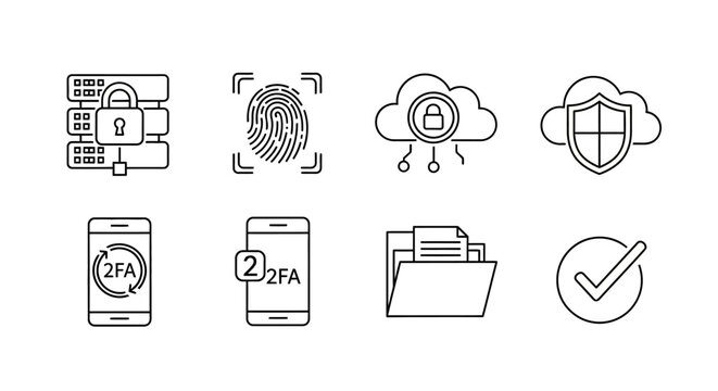 Cybersecurity and Data Protection Vector Icon Set with 2FA Authentication Fingerprint Scanner Cloud Privacy and Secure Server Symbols