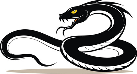 Fototapeta premium Black snake vector illustration with yellow eye and open mouth showing fangs
