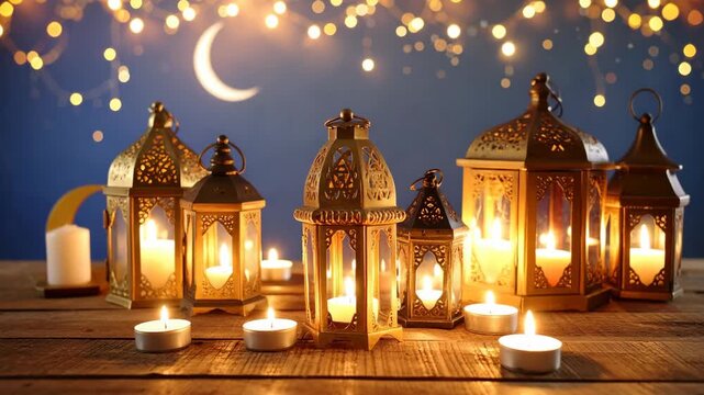 Illuminated Islamic lanterns and candles glow against a bokeh background and crescent moon