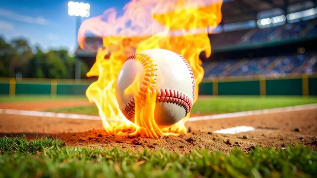 Baseball ablaze on stadium field with stadium lights and blurred spectators in background