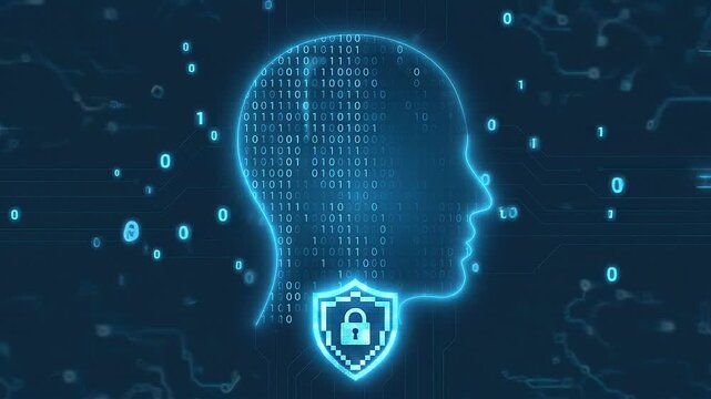 Digital human head profile with binary code and security shield, representing AI, data protection, and cybersecurity concepts.