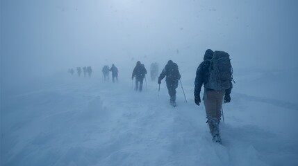 Group of hikers braving a blizzard on a snowy mountain path.
