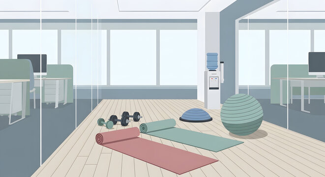 Vector illustration of office wellness room with yoga mats exercise ball dumbbells and open space for employee health