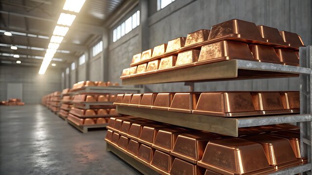 Polished Copper Ingots Stacked Neatly in Industrial Warehouse